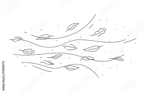 Wind air and doodle leaves motion. Leaves falling season hand drawn print, wind blowing line background or autumn windy weather linear vector backdrop. Air flow wave doodle monochrome outline pattern photo