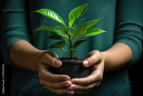 Hands gently holding a potted green plant, symbolizing care