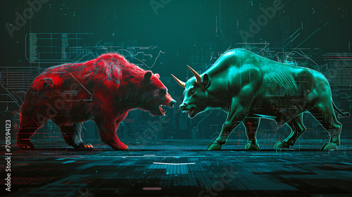 digital artwork depicts a red bear and a blue bull facing off, symbolizing the stock market trends, set against a futuristic, cybernetic background. photo