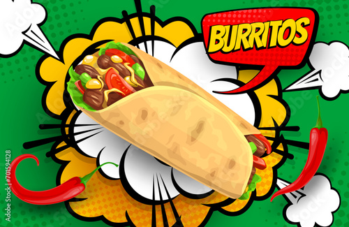 Retro comic halftone bubble with mexican burrito. Mexico fastfood food cafe wallpaper, mexican takeaway restaurant or Tex Mex cuisine meal vector banner with burrito, chili and comic retro text bubble