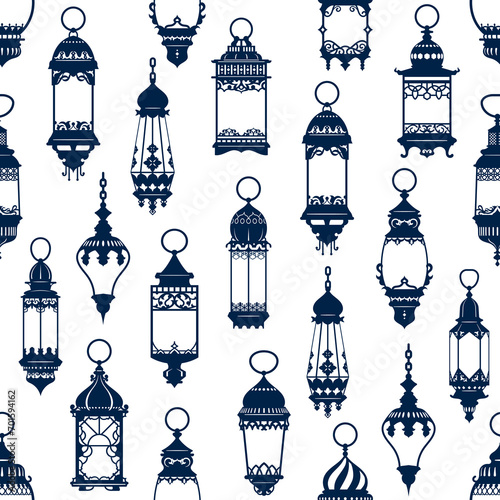 Seamless pattern of ramadan or Eid Mubarak arab islamic lanterns or lamp silhouette. Wallpaper, textile or wrapping paper vector seamless print or pattern with muslim karem vintage lamps silhouettes