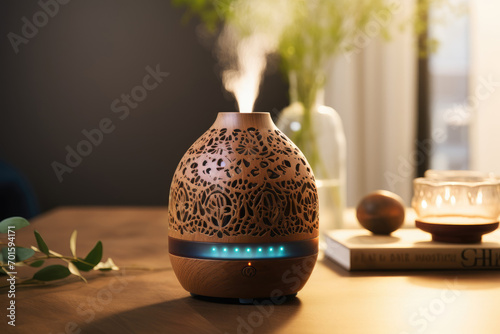 A wooden-patterned ultrasonic diffuser emitting steam in a cozy indoor setting photo