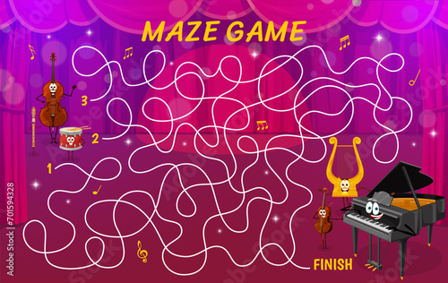 Labyrinth maze with cartoon musical instruments on the stage. Help to instruments find friends vector game quiz worksheet. Music puzzle with cute piano  drum  violin  lyre  viola and tube characters