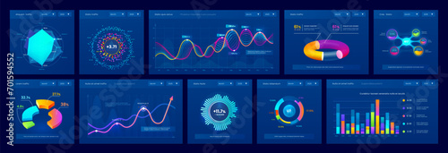 Dashboard data charts, graphs and info diagrams, vector infographics element. Presentation charts for finance report and business graphic charts, statistics bars, percent pies and flowchart diagrams