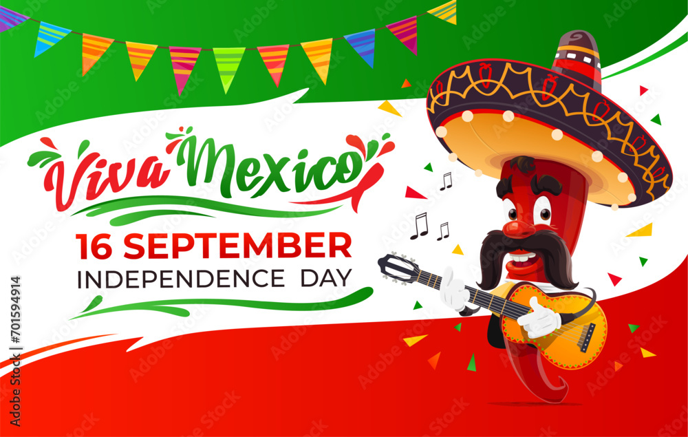 Fototapeta premium Viva Mexico, Mexican national independence day banner with red hot jalapeno pepper mariachi character play guitar. Join the fiesta of freedom, culture, and pride on this historic day of september 16th