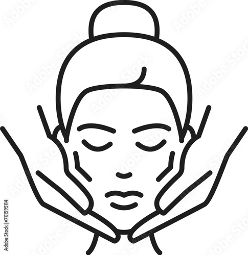 Facial massage icon for face care and cosmetology treatment or cosmetic skincare, line vector. Facial massage outline icon of woman face and hands for dermatology procedure on face lifting and beauty