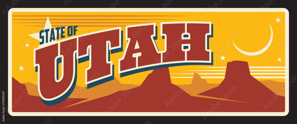 Fototapeta premium Utah state travel plate, USA travel souvenir of US Utah, Salt Lake City capital. Vector tourist destination, America region retro sign, old plaque with grand canyon, vintage typography