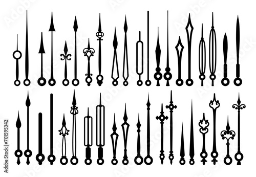 Vintage clock hands, old watch arrows or time pointers. Vintage clockwork minute hand or arm monochrome icon, classic hand watch pointer second or antique clock hour isolated vector arrows set photo