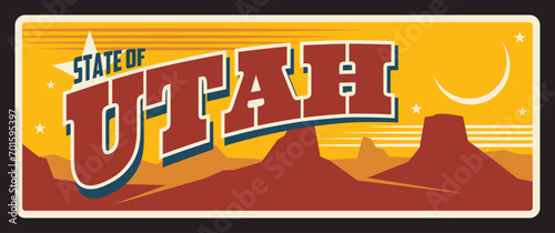 Utah state travel plate, USA travel souvenir of US Utah, Salt Lake City capital. Vector tourist destination, America region retro sign, old plaque with grand canyon, vintage typography
