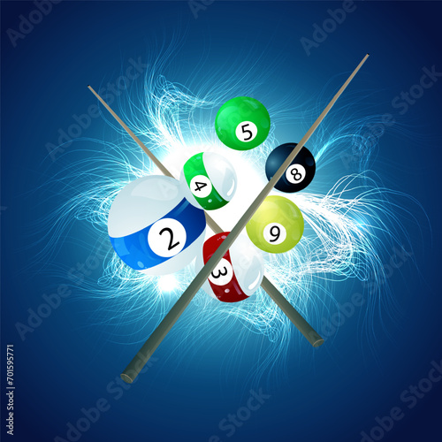 Billiard balls on a bright background with a cue.