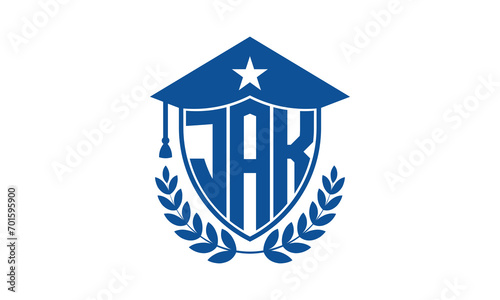 JAK three letter iconic academic logo design vector template. monogram, abstract, school, college, university, graduation cap symbol logo, shield, model, institute, educational, coaching canter, tech