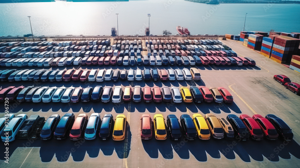 Aerial view new car lined up in the port for import and export business logistic to dealership for sale, Automobile and automotive car parking lot for commercial business industry. - obrazy, fototapety, plakaty 