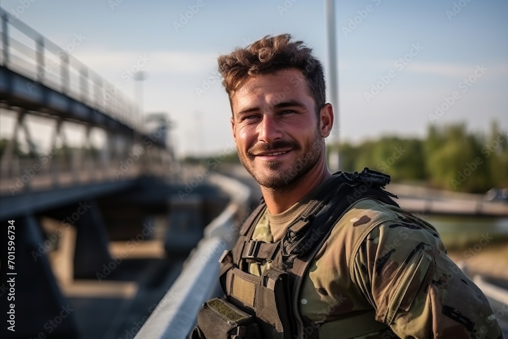 Portrait of a happy young soldier standing on a bridge over the river