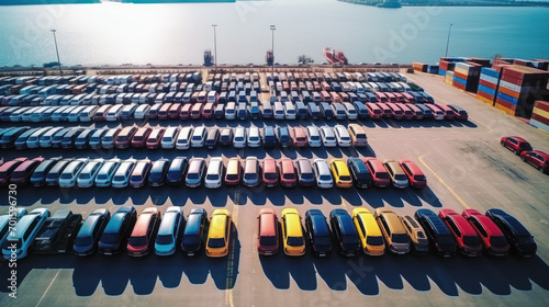 Aerial view new car lined up in the port for import and export business logistic to dealership for sale, Automobile and automotive car parking lot for commercial business industry. photo