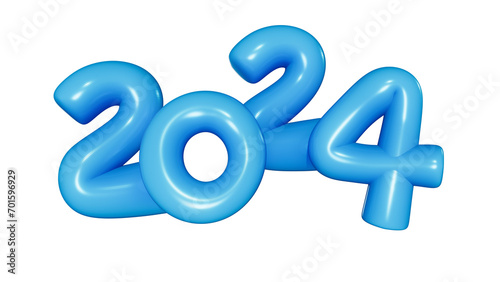 2024 blue balloons., 2024 blue foil balloons isolated over clear background. 3D rendering.,Object render 3d ballon with ribbon.