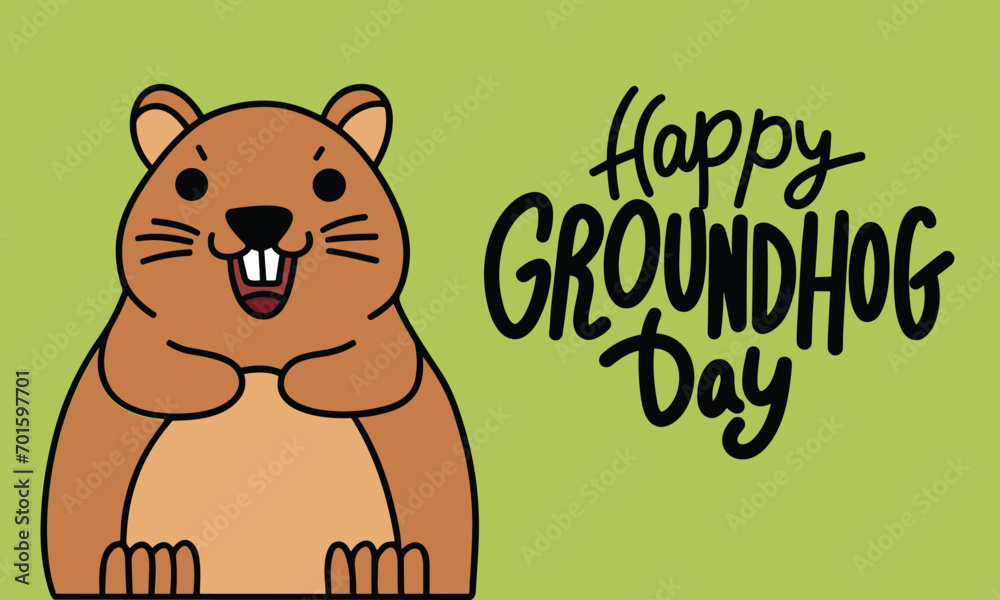 Happy Groundhog Day text banner. Handwriting text Happy Groundhog Day with cute groundhog. Hand drawn vector art Happy Groundhog Day text banner. Handwriting text Happy Groundhog Day with cute groundhog. Hand drawn vector art