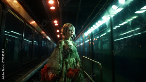 anime girl near the moving train in dark city © Anime