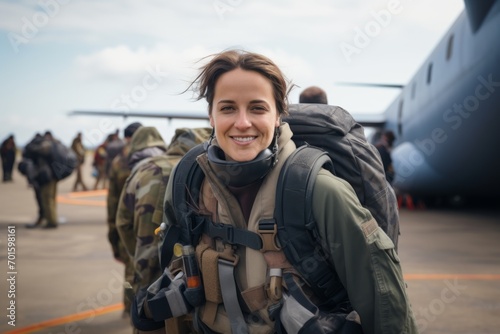 Portrait of a young woman with backpack standing by the aircraft.