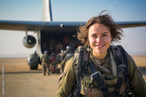 Portrait of a young female paratrooper in front of an airplane
