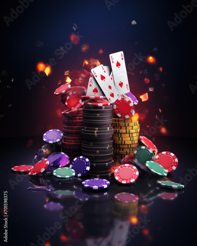 Creative casino background and chips, Stack of poker chips on a green table. Poker game theme photo