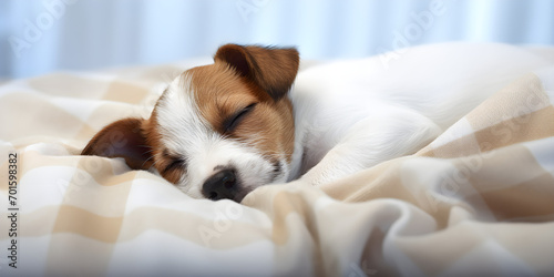 Dog sleeping and resting at the bed, Cute tender white and brown jack russell sleeping on a bed under a white cover. 