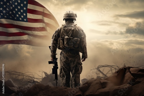 United states of America soldier in the desert with an American flag in the background, AI Generated