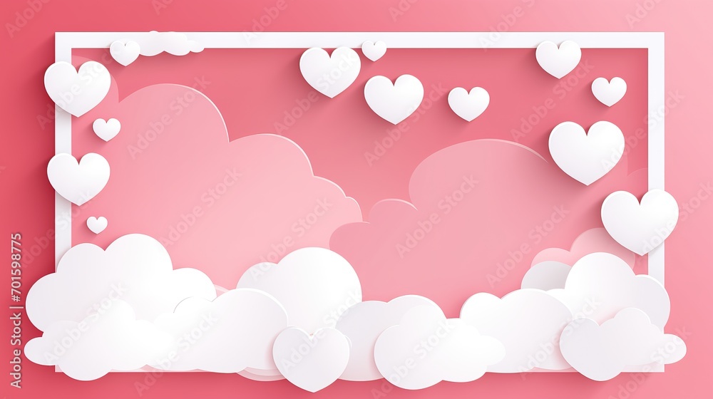 Happy Valentine's day poster or voucher. Beautiful paper cut white clouds with white heart frame on pink background. Vector illustration. Papercut style. Place for text. Generative Ai