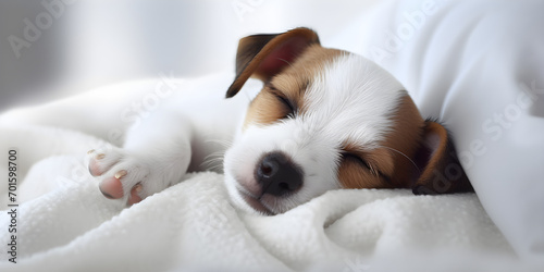 puppy sleeping on the bed, Pet under blanket in bed,  Portrait of sad dog warms in cold weather.  © Fatima