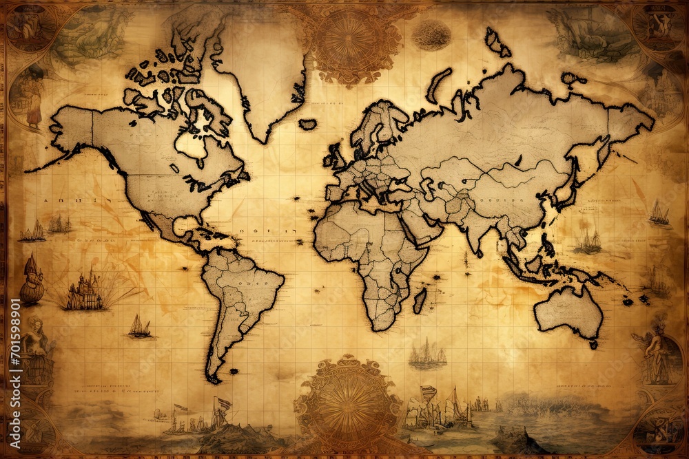 Naklejka premium Vintage map of the world on the old paper background. Sepia tone, AI Generated