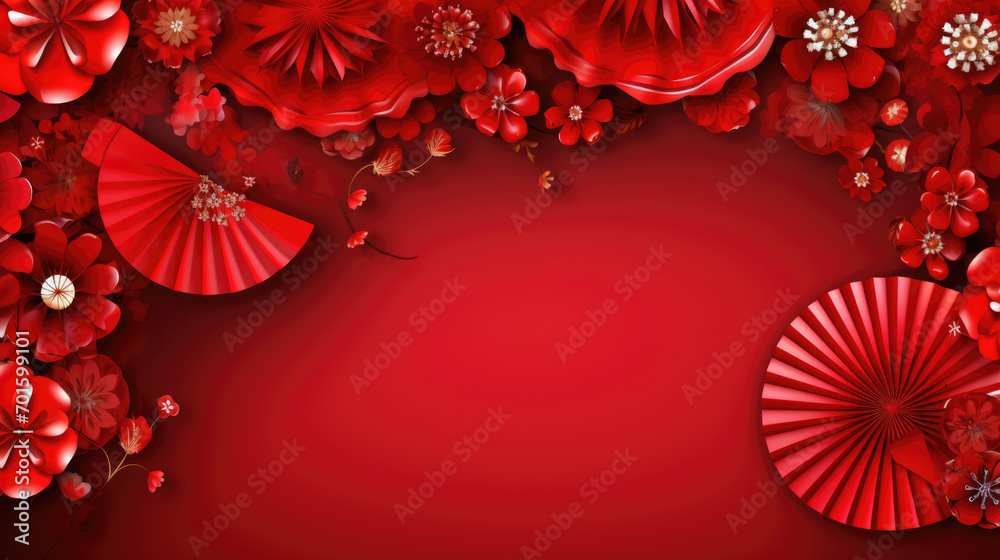 Happy Chinese new year. Chinese new year banner with flowers and paper fans on red background. Greeting card. Happy Chinese new year. Chinese new year banner with flowers and paper fans on red background. Greeting card.