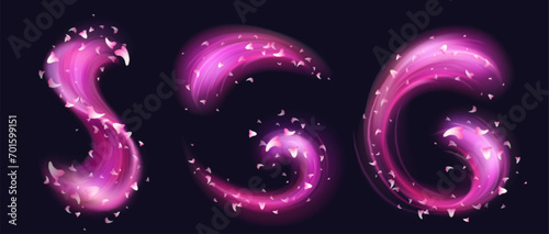 Pink swirls with flower petals isolated on black background. Vector realistic illustration of neon light waves with sakura blossom, perfume aroma trail, magic romantic power effect, love in air