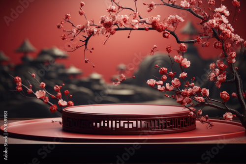 Podium round stage podium and art Chinese new year, flower and asian elements with craft style on background photo