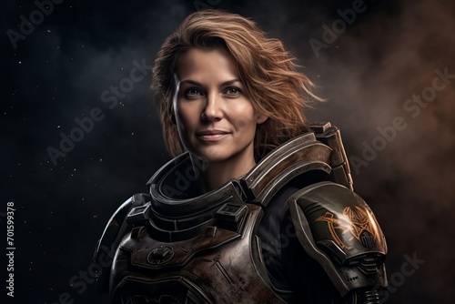 Portrait of a beautiful female knight in armor on a dark background