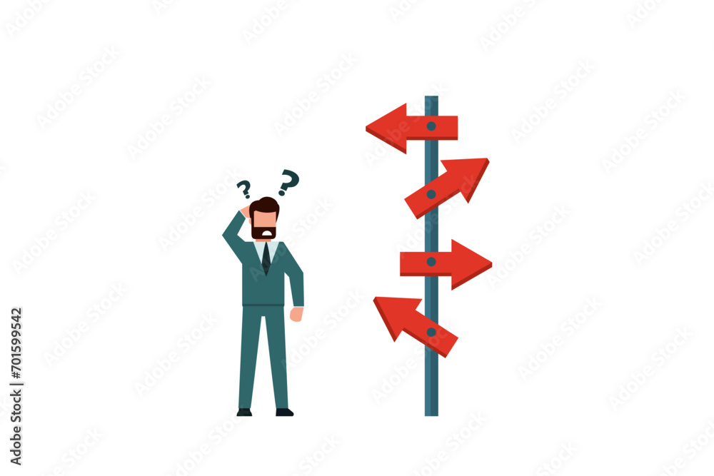 A businessman is confused as he looks at several road signs with question marks and thinks about which way to go. Business decisions career path career direction or choose a path to success concept