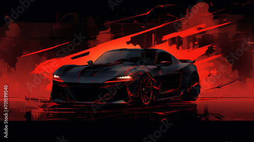 Illustration Cool and sophisticated car, under dark red clouds, Generate AI.