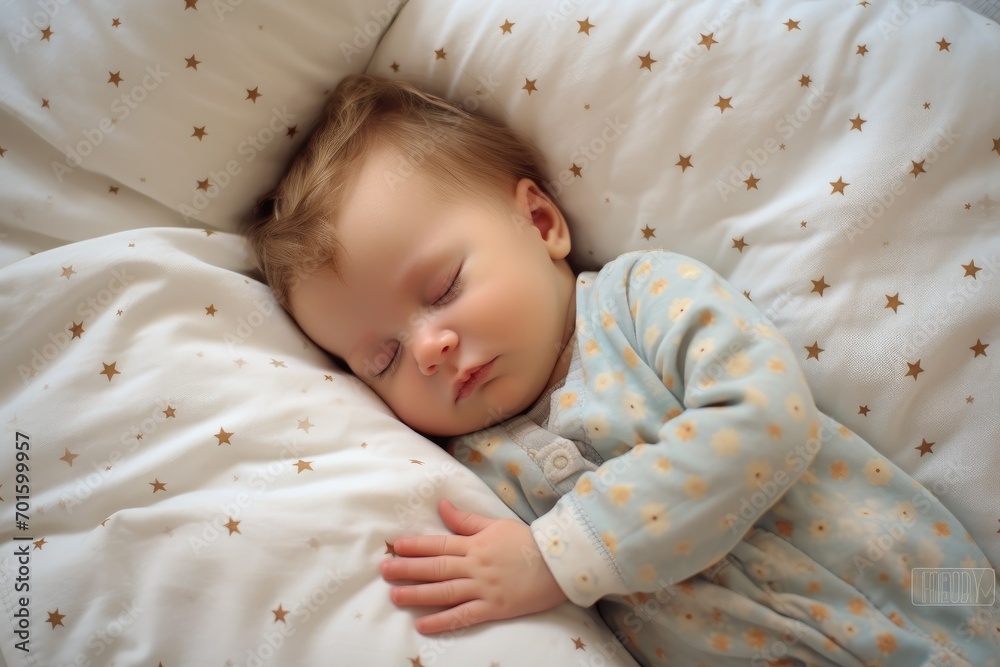 Beautiful baby sleeping in bed. Cute little boy sleeping in bed, AI Generated Beautiful baby sleeping in bed. Cute little boy sleeping in bed, AI Generated