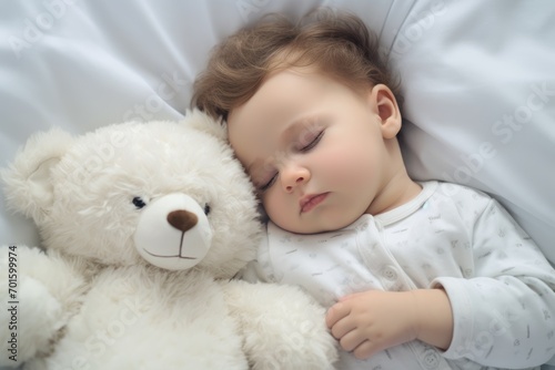 Cute little boy sleeping with teddy bear on white bed at home, AI Generated