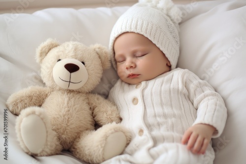 Cute asian baby sleeping with teddy bear on white bed, AI Generated