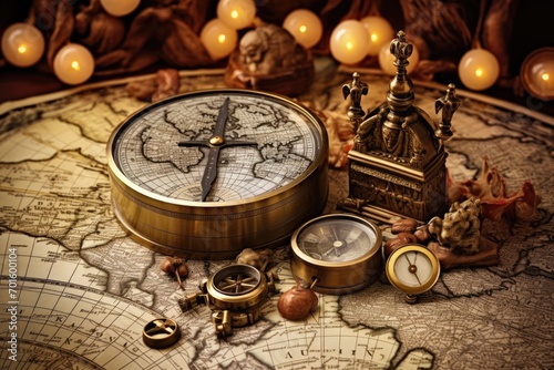 Vintage compass and old map. Travel concept. Vintage style, AI Generated