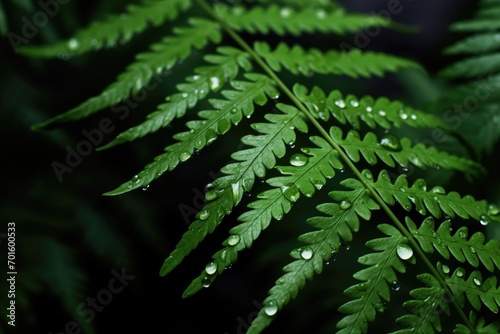 Macro capture of delicate fern leaves adorned with glistening rainwater droplets