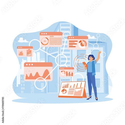 Women are working online with financial technology icons appearing on smartphone screens. Standing against the backdrop of a faint smart city. Telecommunication and Internet in smart city concept.