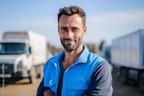 Portrait of a smiling delivery man standing in front of a truck