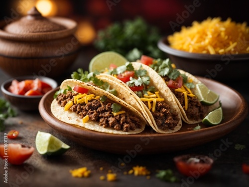 Delicious tacos, tortillas with delicious fillings, including smoky pork, chicken, fish, spicy black beans and vegetables. Cinematic 