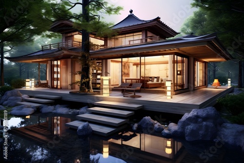 Modern chinese exterior design with the pond in the garden