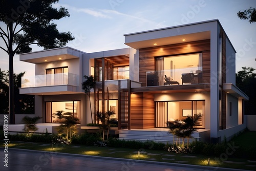 Modern house exterior evening view with interior lighting
