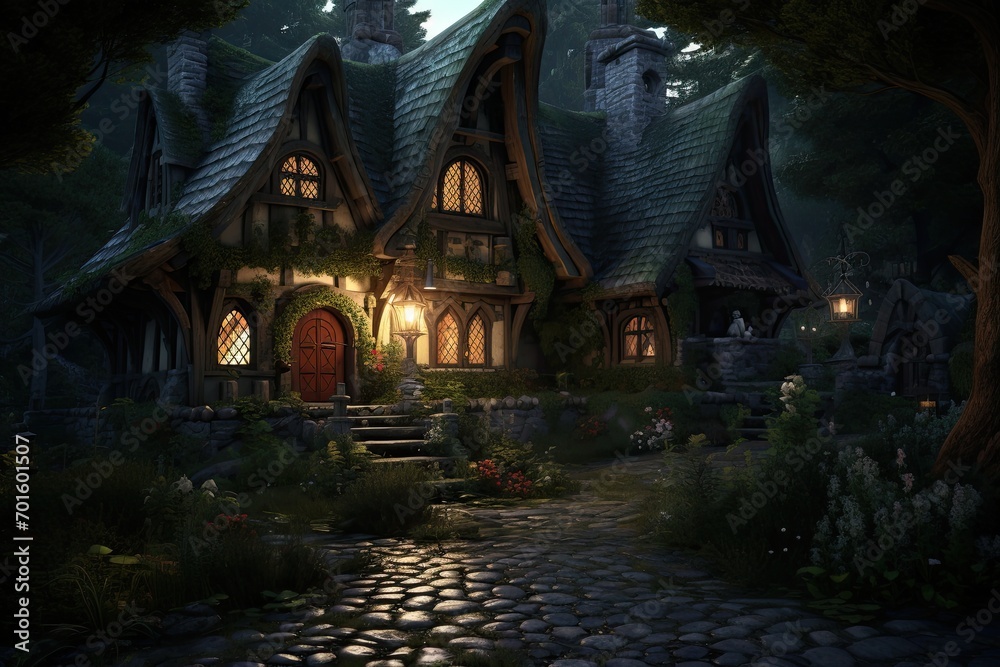 3d rendering of a fairy tale house in the forest at night, AI Generated 3d rendering of a fairy tale house in the forest at night, AI Generated