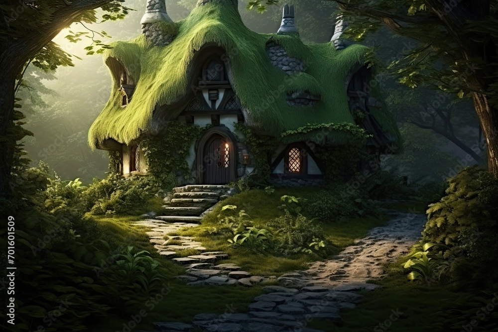 3D render of a fantasy house in the forest. Fantasy world, AI Generated