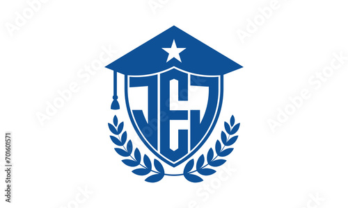 JEJ three letter iconic academic logo design vector template. monogram, abstract, school, college, university, graduation cap symbol logo, shield, model, institute, educational, coaching canter, tech