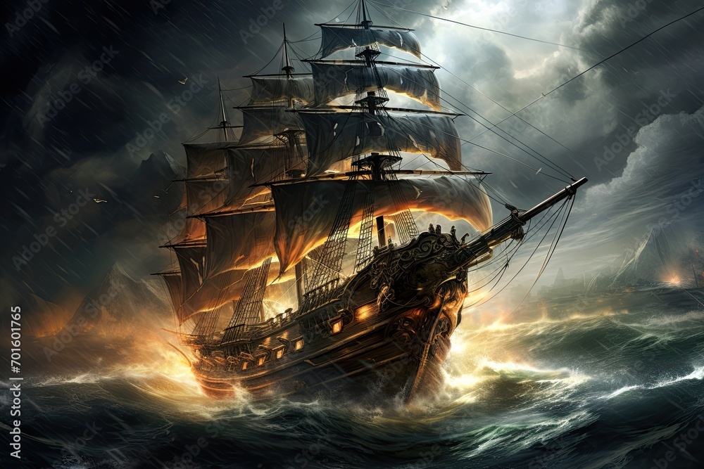 Pirate ship in stormy sea. 3D illustration. Fantasy, AI Generated - obrazy, fototapety, plakaty 