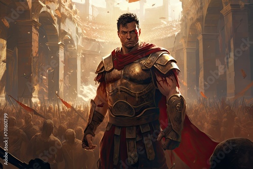 Ancient Roman legionary in the ruins of the city. 3d rendering, AI Generated